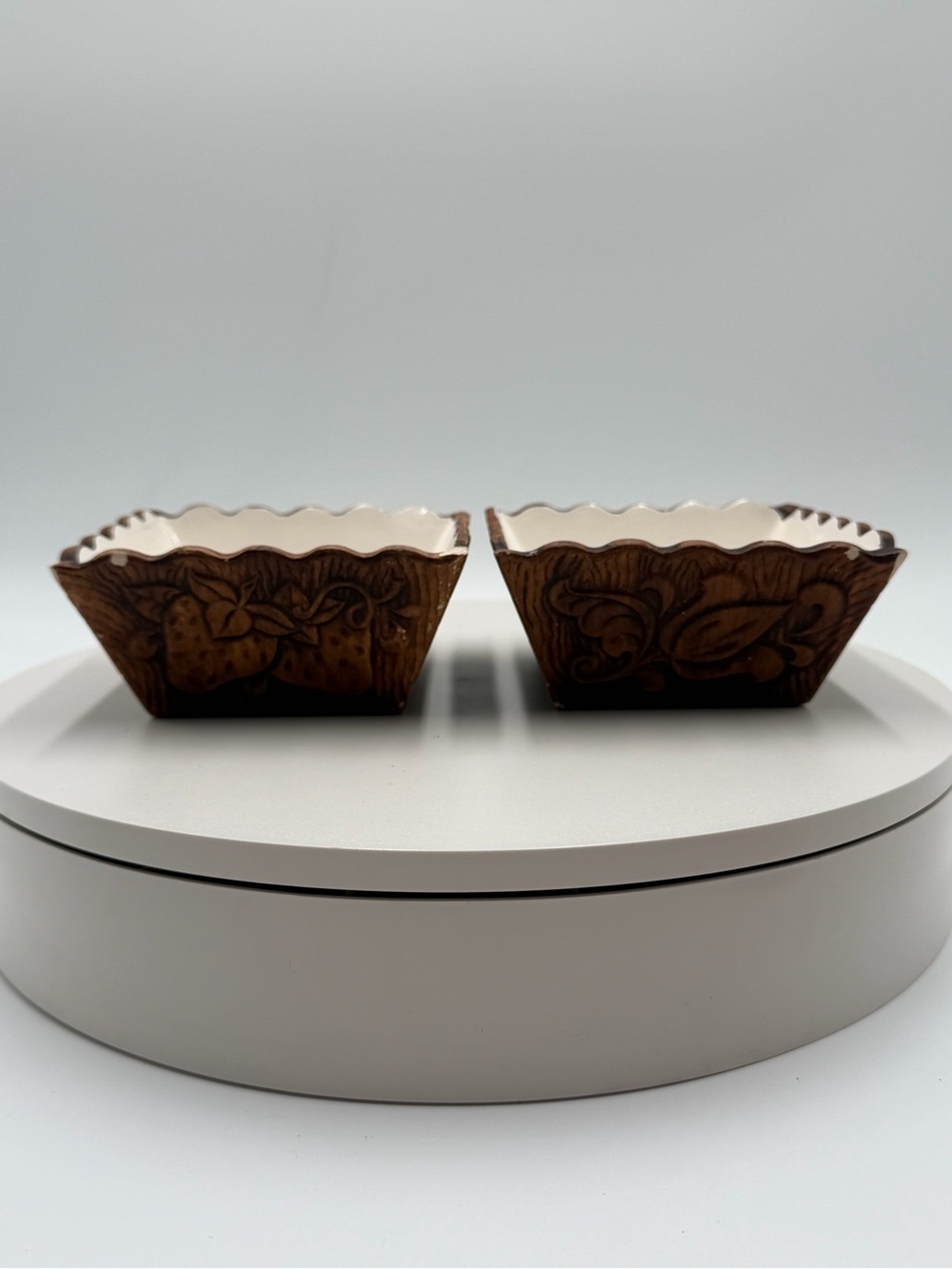Pair of Carved Brown Ceramic Trinket Dishes